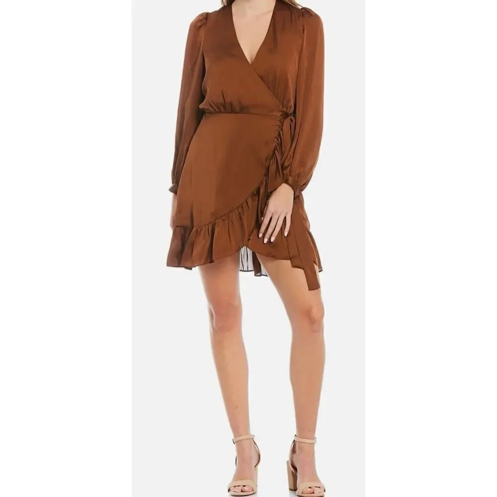 Gianni Bini, Women's Olivia Long Sleeve Ruffle Dress, Clay Brown, XS]